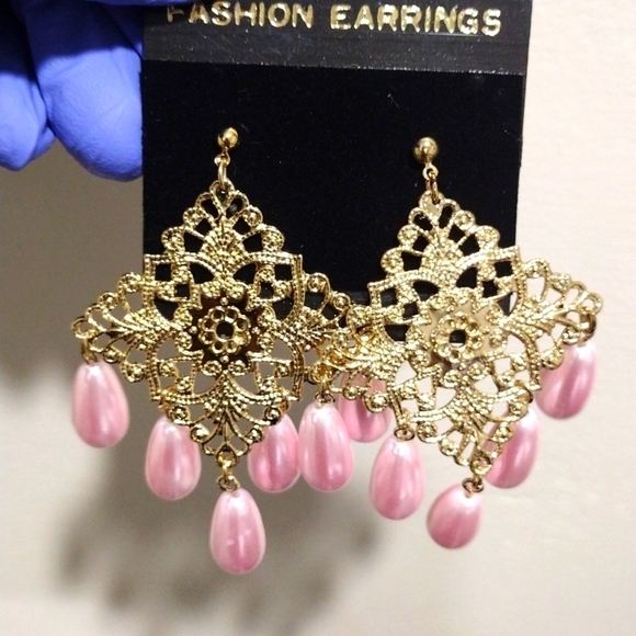 Gold Filigree Beaded Drop Earrings | Diamond-Shaped Dangle w/ Pink Teardrops #1 - Picture 3 of 6